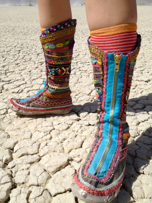 rainbow ribbon boots at burning man