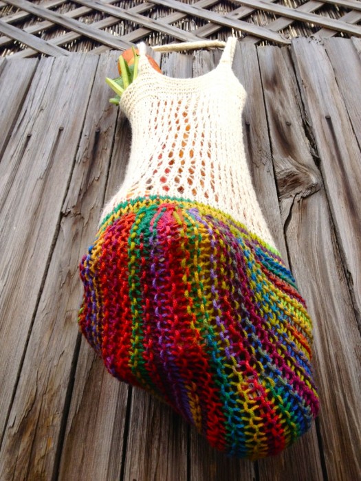 knit rainbow grocery bag, made by Julianne