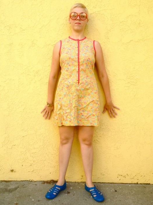 yellow floral shift dress, made by Julianne